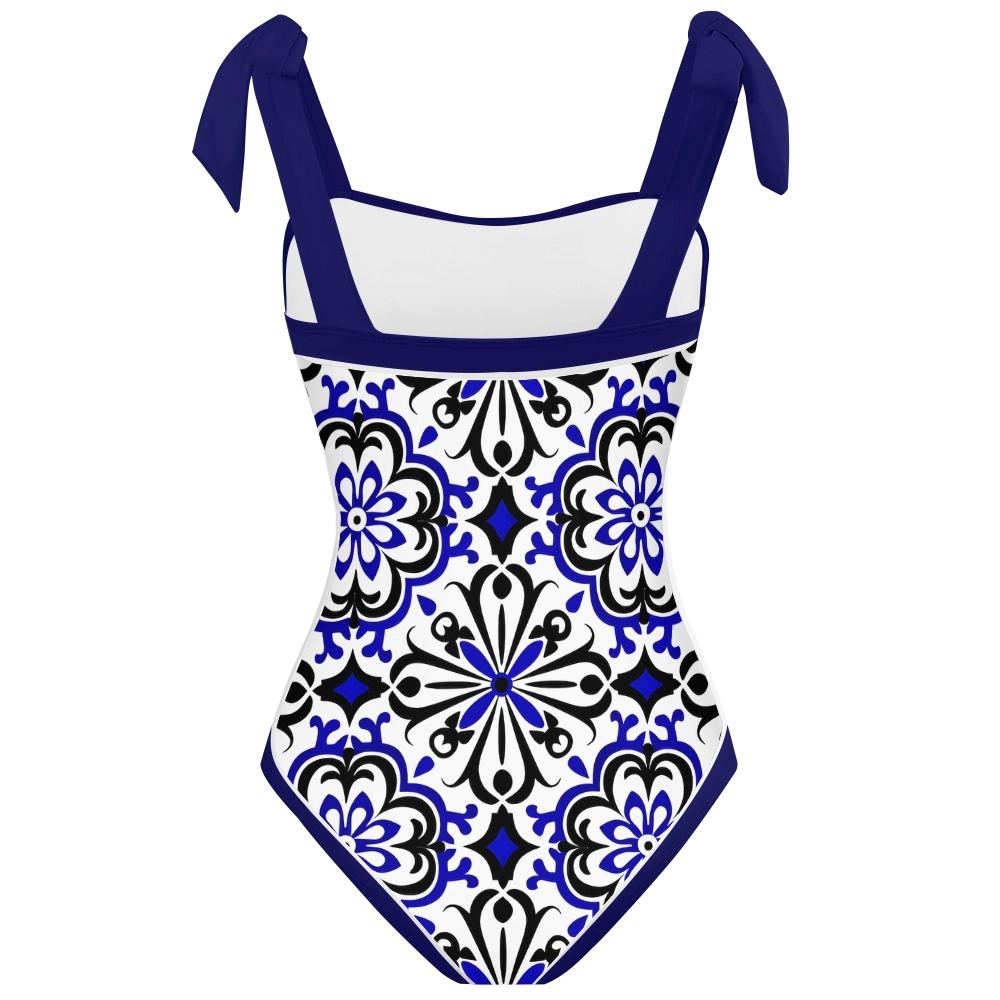 Women's Symmetrical Pattern Print One Piece Swimsuit with Red Bow Tie Straps