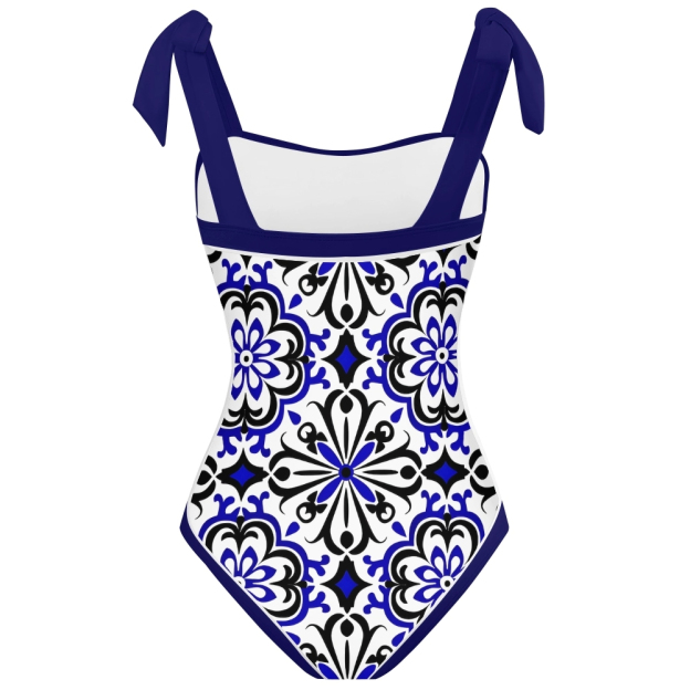 Women's Symmetrical Pattern Print One Piece Swimsuit with Red Bow Tie Straps