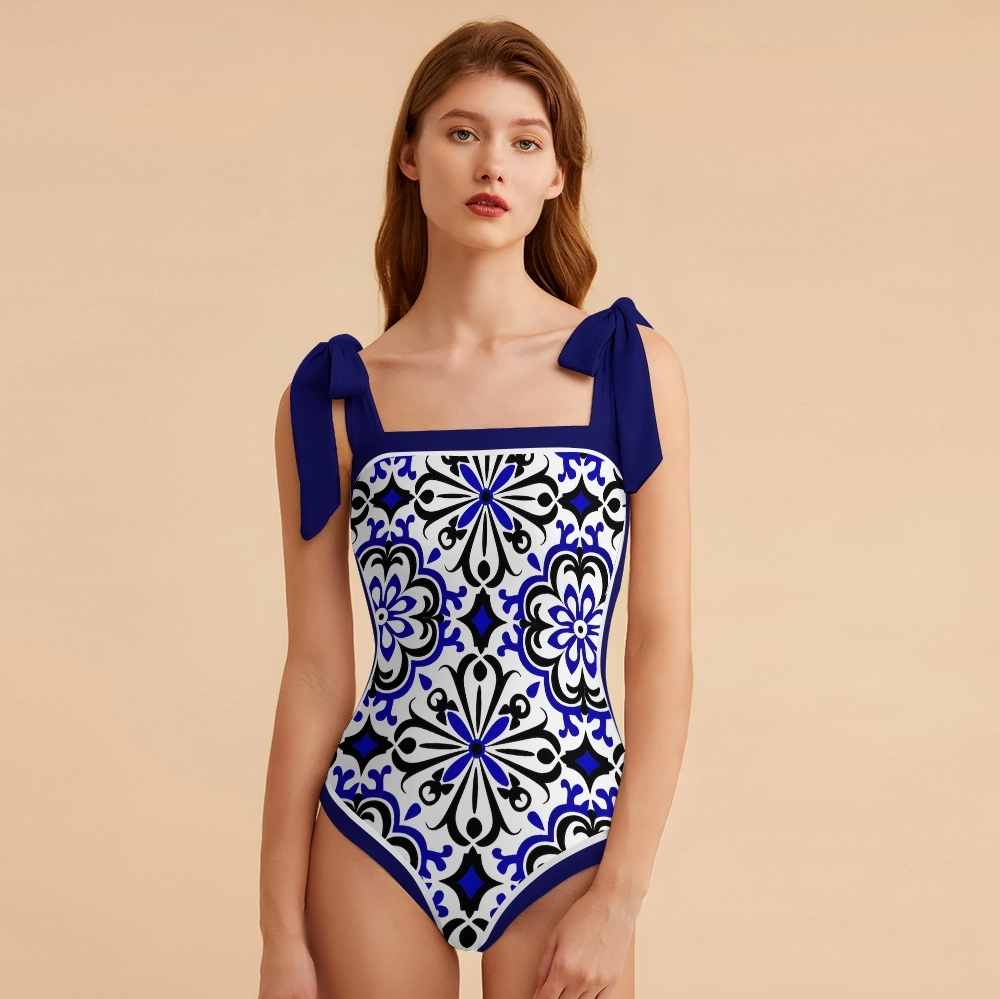 Women's Symmetrical Pattern Print One Piece Swimsuit with Red Bow Tie Straps