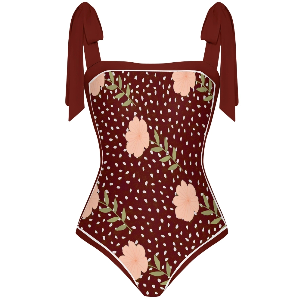 Women's Floral One Piece Swimsuit Vintage with Bow Tie Shoulder Straps