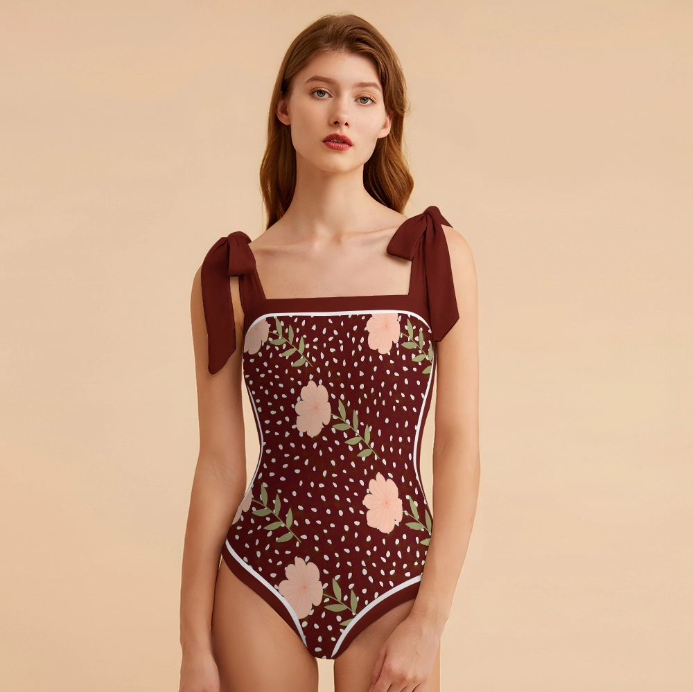 Elegant Navy Blue One Piece Swimsuit with Peach Blossom Print