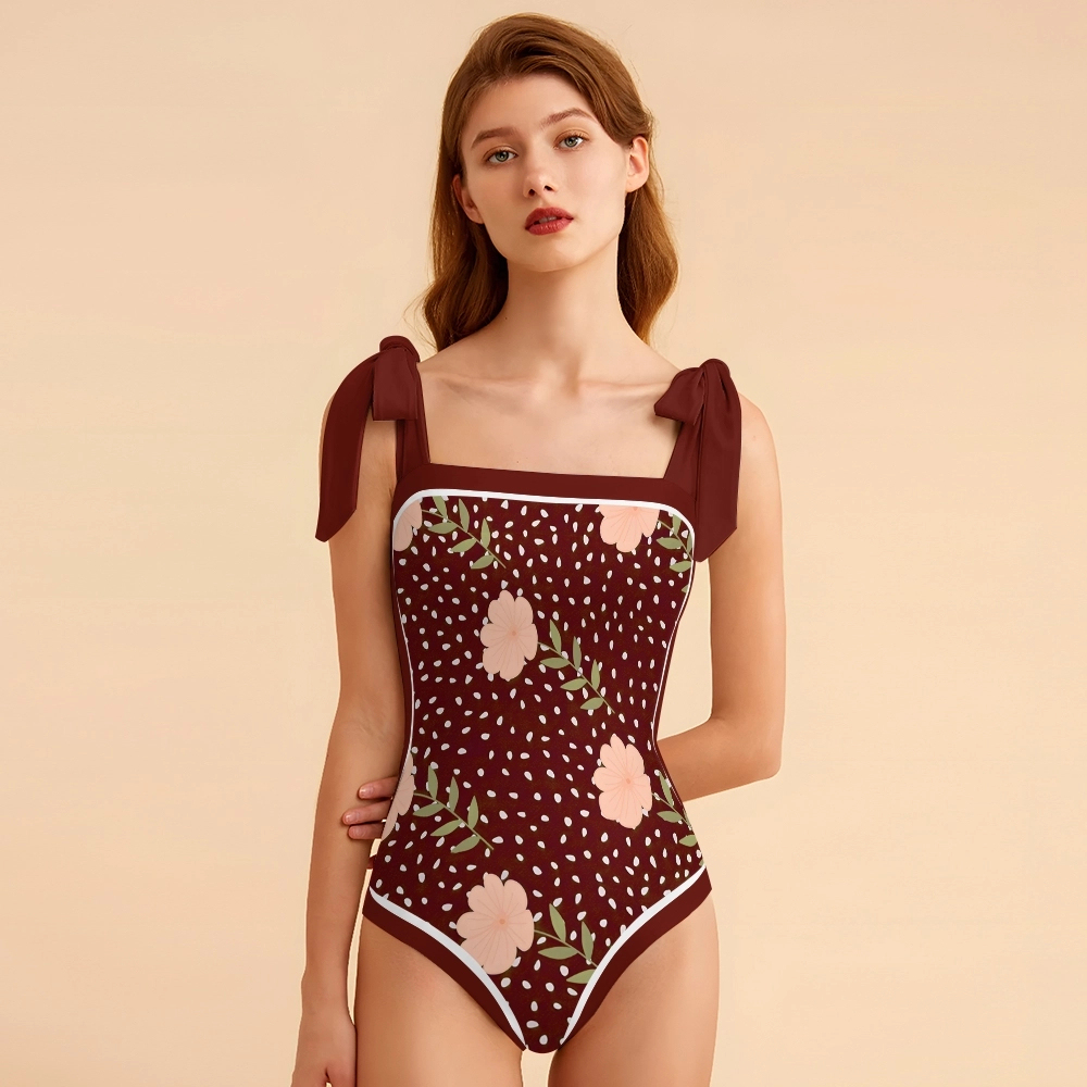 Elegant Navy Blue One Piece Swimsuit with Peach Blossom Print