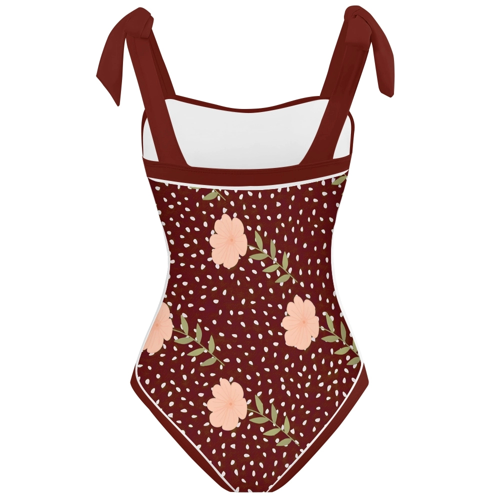 Elegant Navy Blue One Piece Swimsuit with Peach Blossom Print