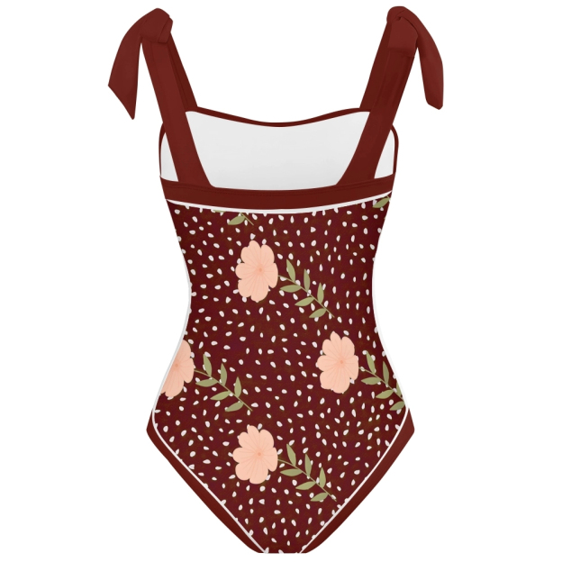 Elegant Navy Blue One Piece Swimsuit with Peach Blossom Print