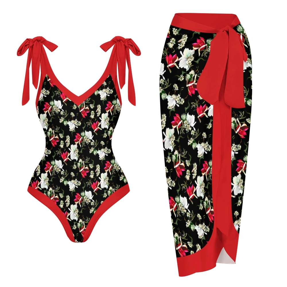 Classic One Piece Swimsuit with Adjustable Shoulder Ties and Wrap Skirt Set