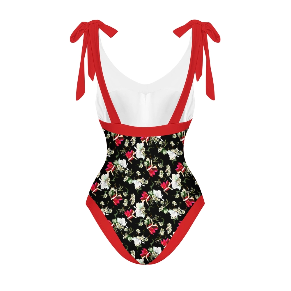 Classic One Piece Swimsuit with Adjustable Shoulder Ties and Wrap Skirt Set