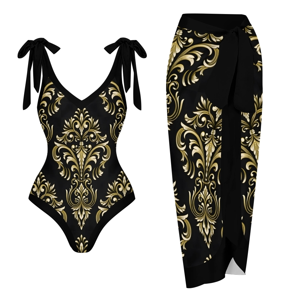 Women's Printed Ethnic Inspired Baroque Swimwear Set for Women Floral One Piece and Tie Waist Skirt