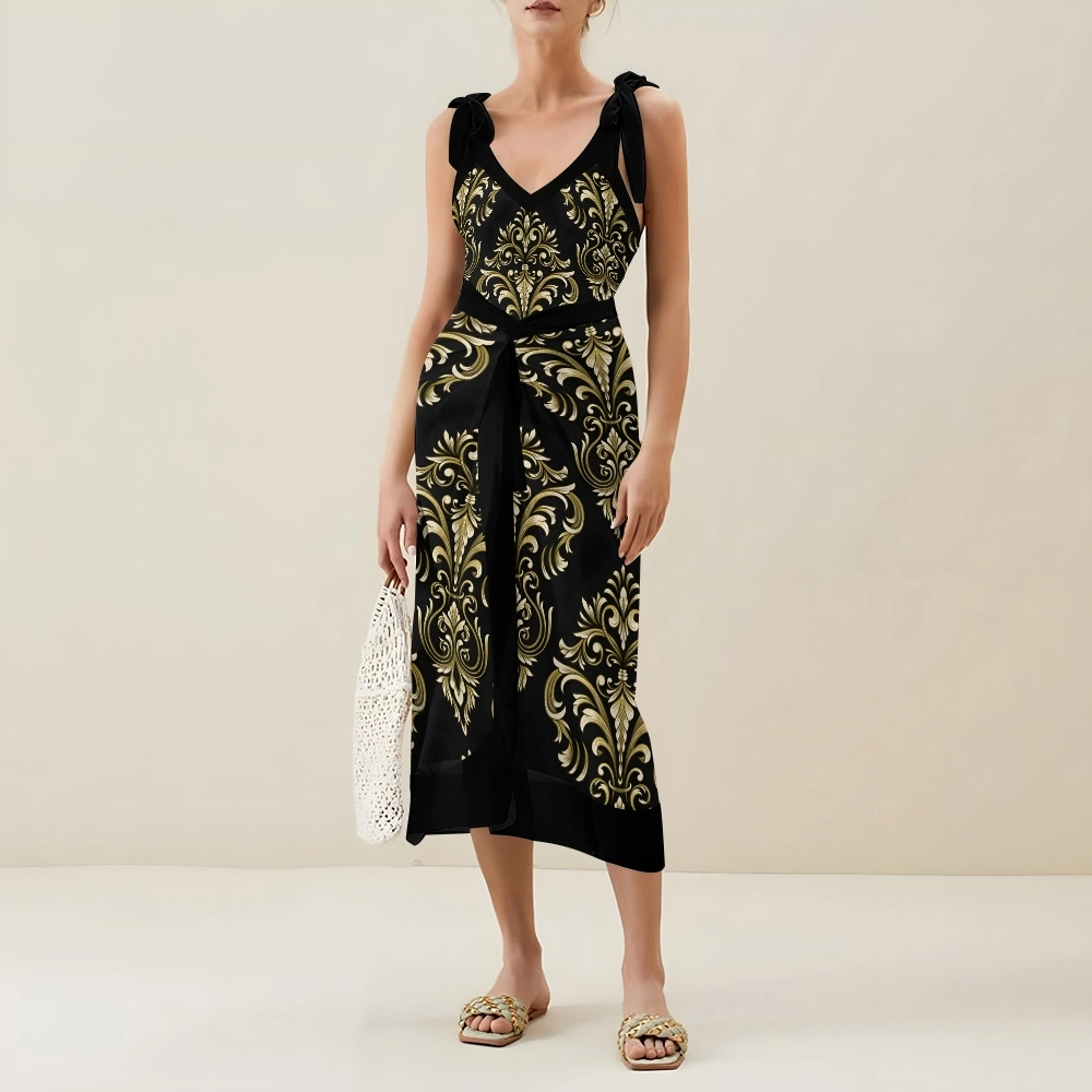 Women's Printed Ethnic Inspired Baroque Swimwear Set for Women Floral One Piece and Tie Waist Skirt