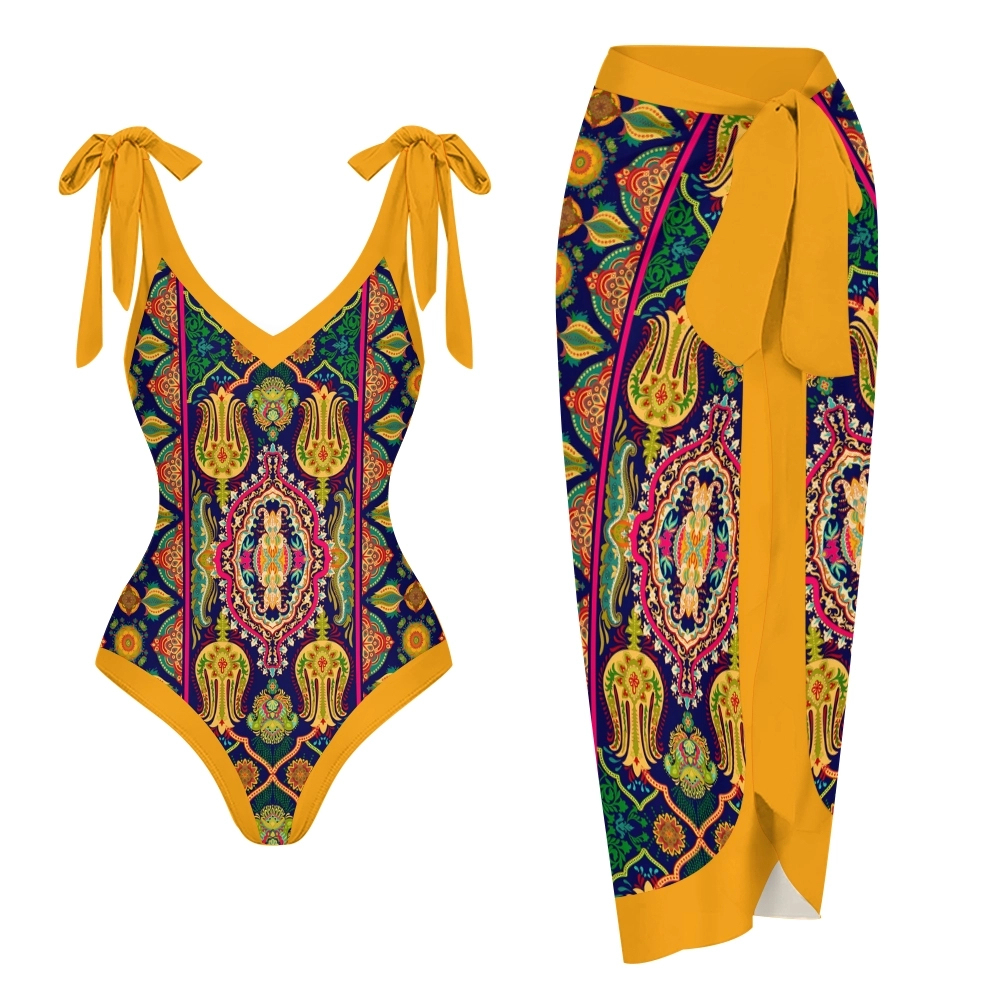 Women's Mandala Print One Piece Baroque Swimsuit with Matching Wrap Skirt Set