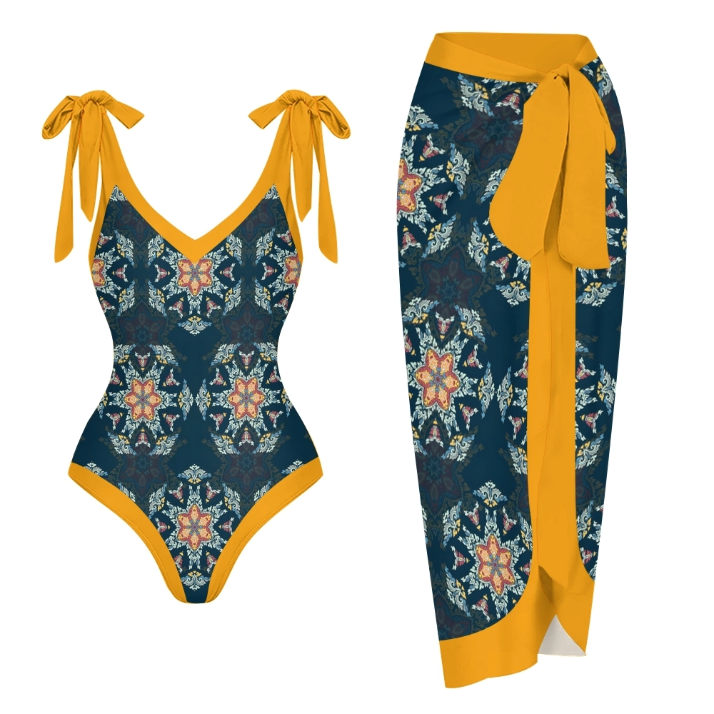 Women's Tribal Boho Floral One Piece Swimsuit with Matching Wrap Skirt Set
