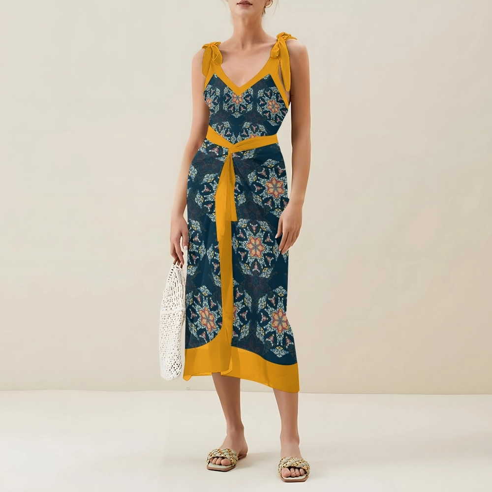 Women's Tribal Boho Floral One Piece Swimsuit with Matching Wrap Skirt Set