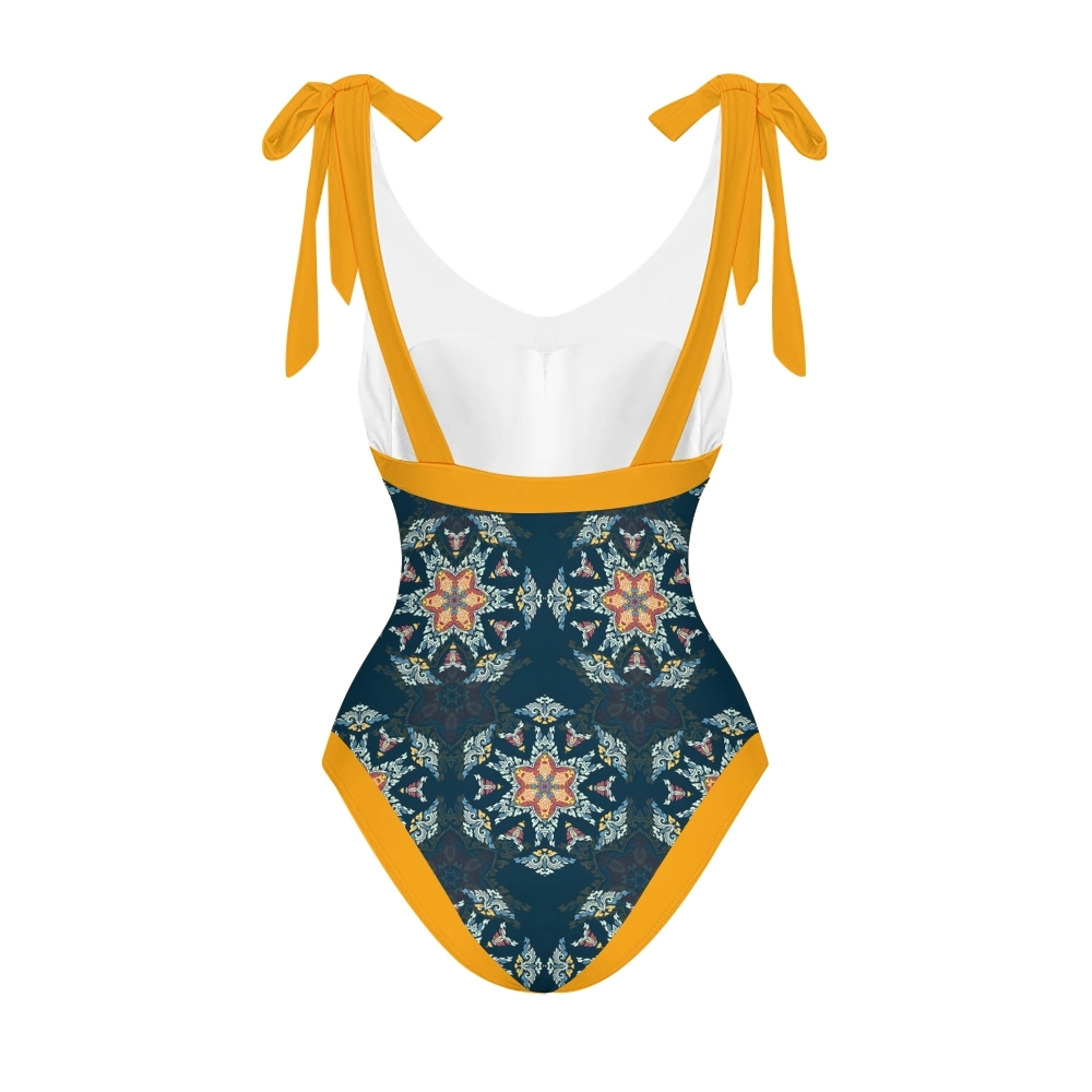 Women's Tribal Boho Floral One Piece Swimsuit with Matching Wrap Skirt Set