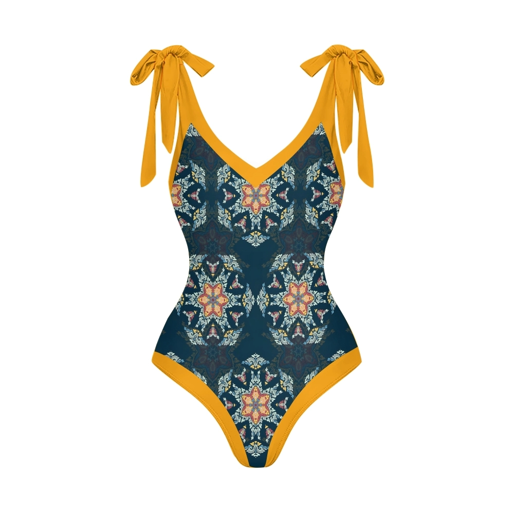 Women's Tribal Boho Floral One Piece Swimsuit with Matching Wrap Skirt Set