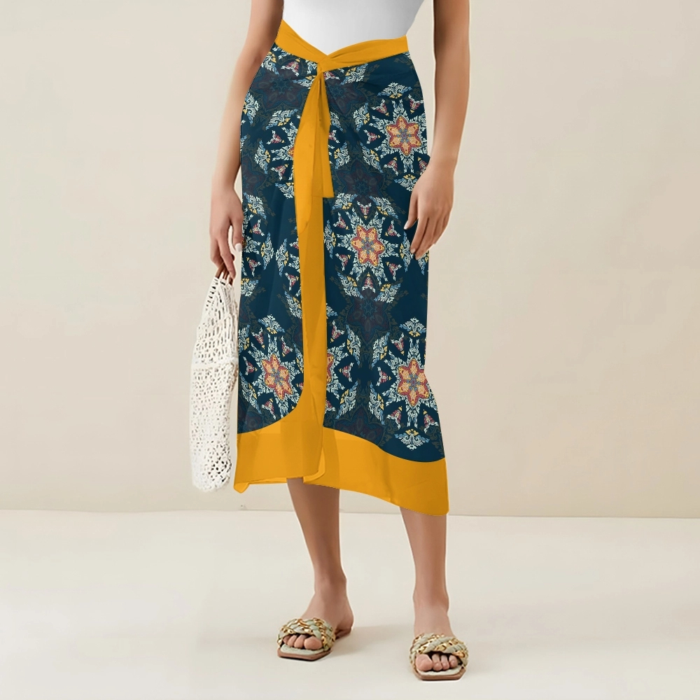 Women's Tribal Boho Floral One Piece Swimsuit with Matching Wrap Skirt Set