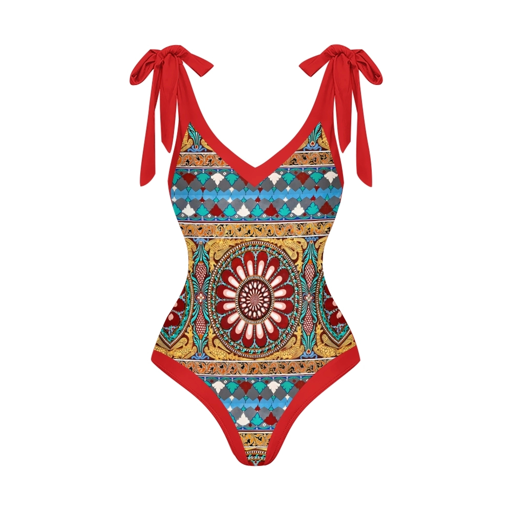 Women's Deep V Neck Geometric Print One Piece Swimsuit Set