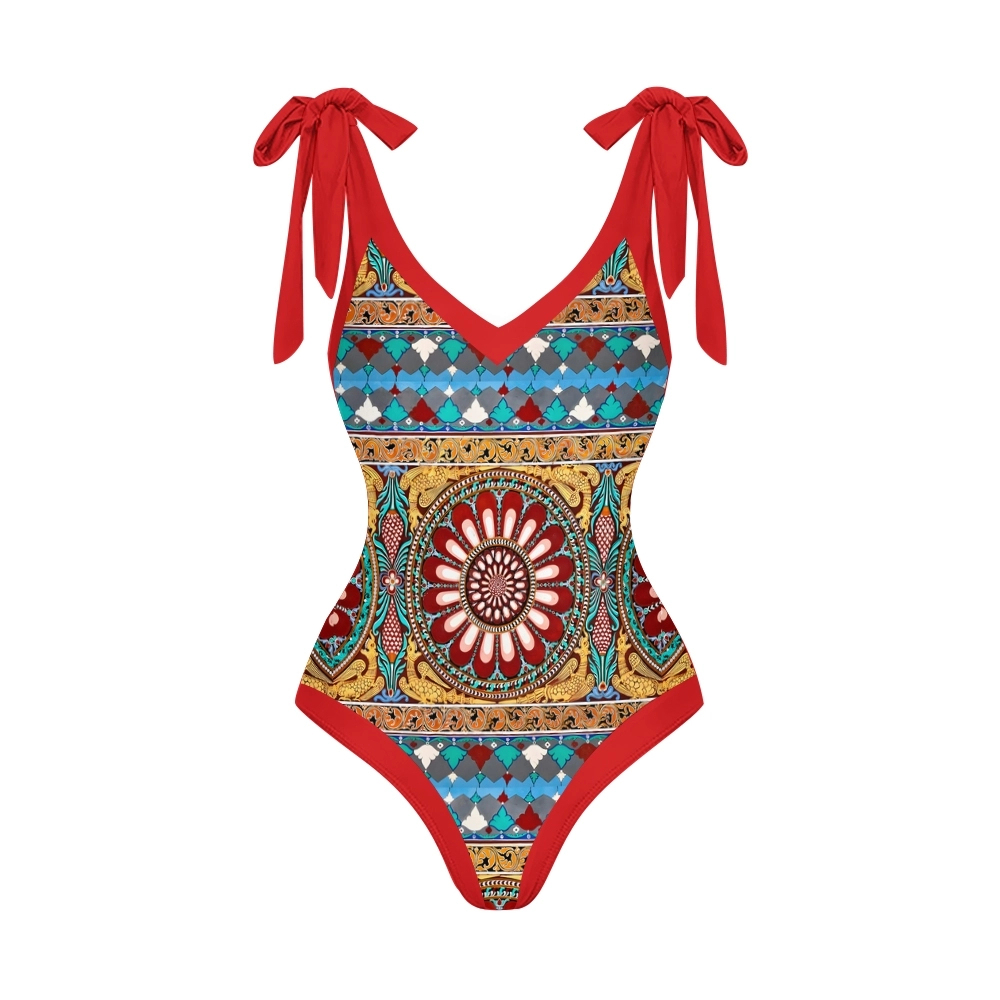 Women's Deep V Neck Geometric Print One Piece Swimsuit Set