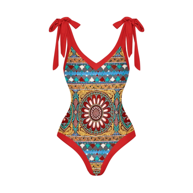 Women's Deep V Neck Geometric Print One Piece Swimsuit Set