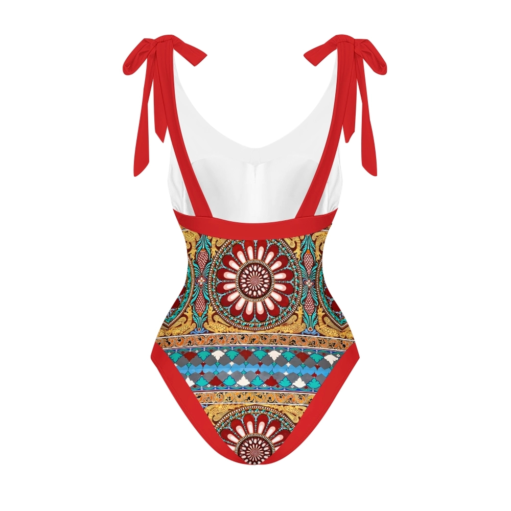 Women's Deep V Neck Geometric Print One Piece Swimsuit Set