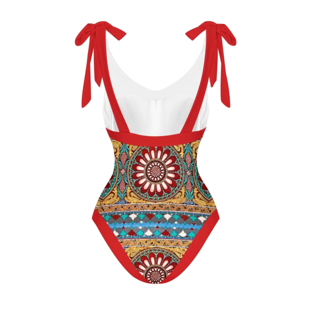 Women's Deep V Neck Geometric Print One Piece Swimsuit Set