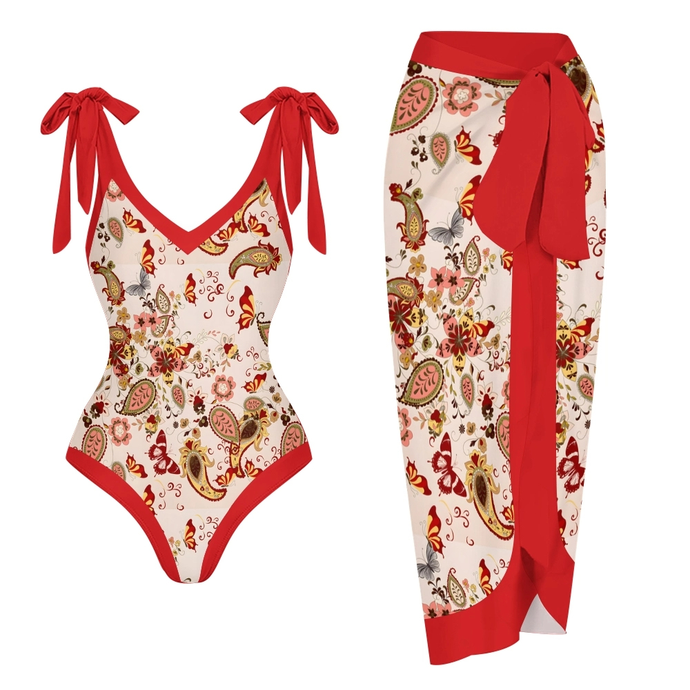 Women's Paisley Floral One Piece Deep V Neck Swimsuit with Skirt Set