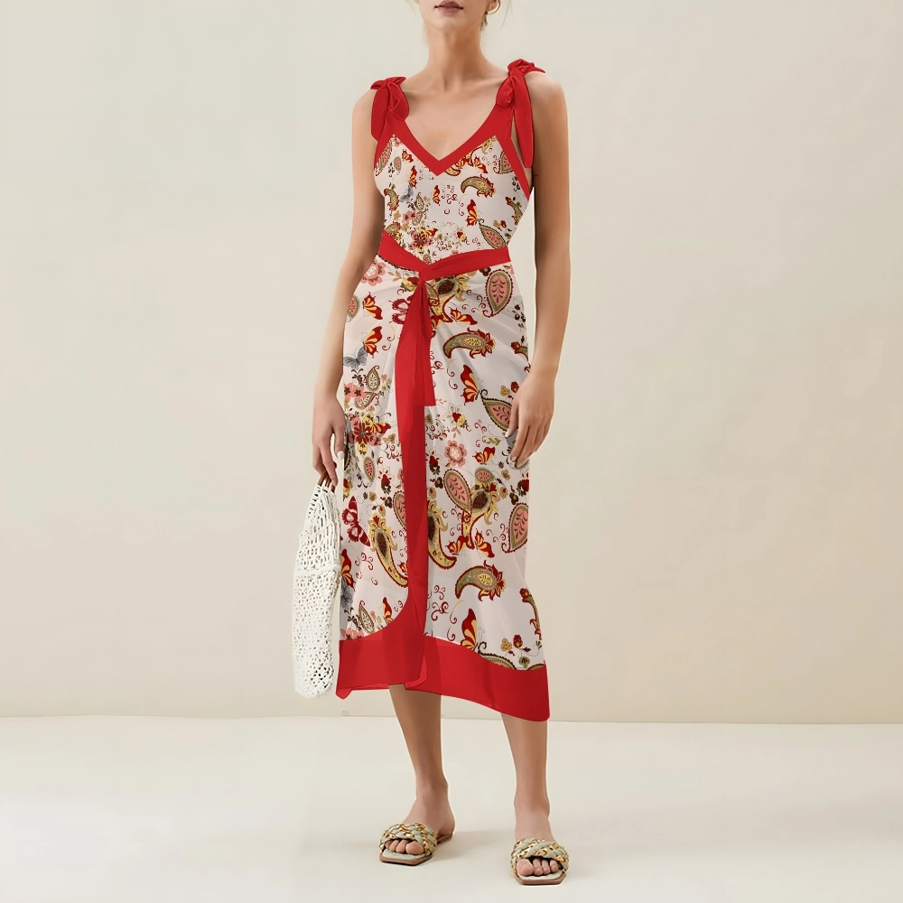 Women's Paisley Floral One Piece Deep V Neck Swimsuit with Skirt Set