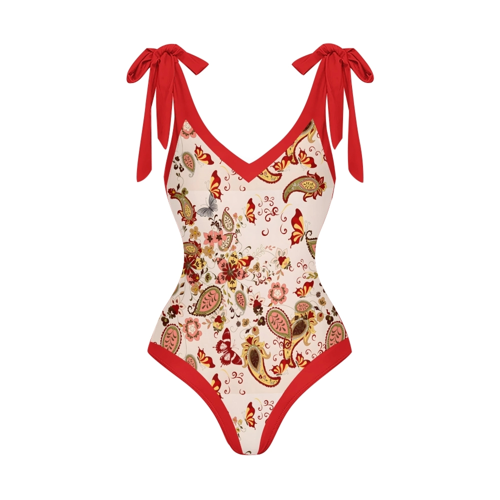 Women's Paisley Floral One Piece Deep V Neck Swimsuit with Skirt Set