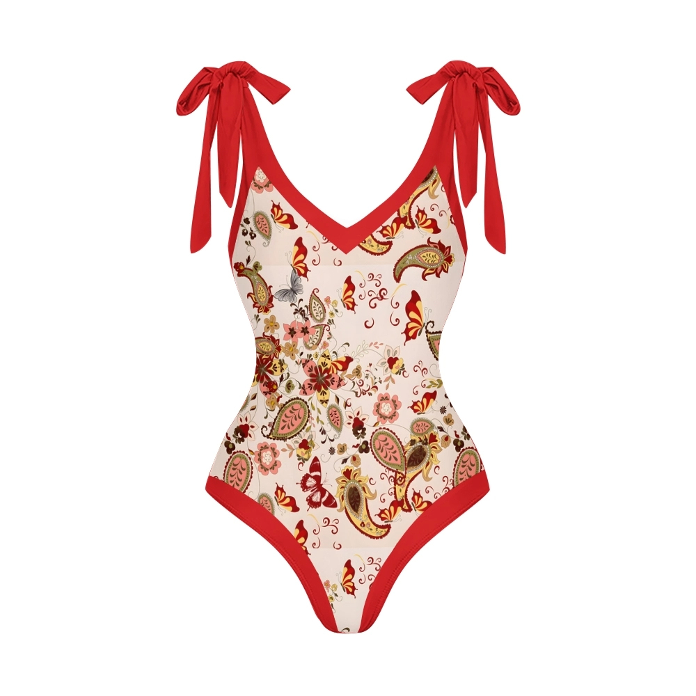 Women's Paisley Floral One Piece Deep V Neck Swimsuit with Skirt Set