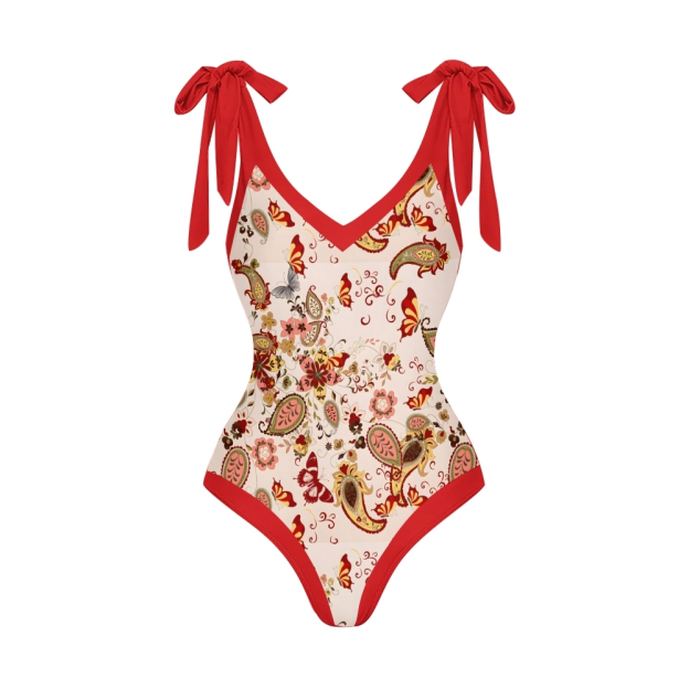 Women's Paisley Floral One Piece Deep V Neck Swimsuit with Skirt Set