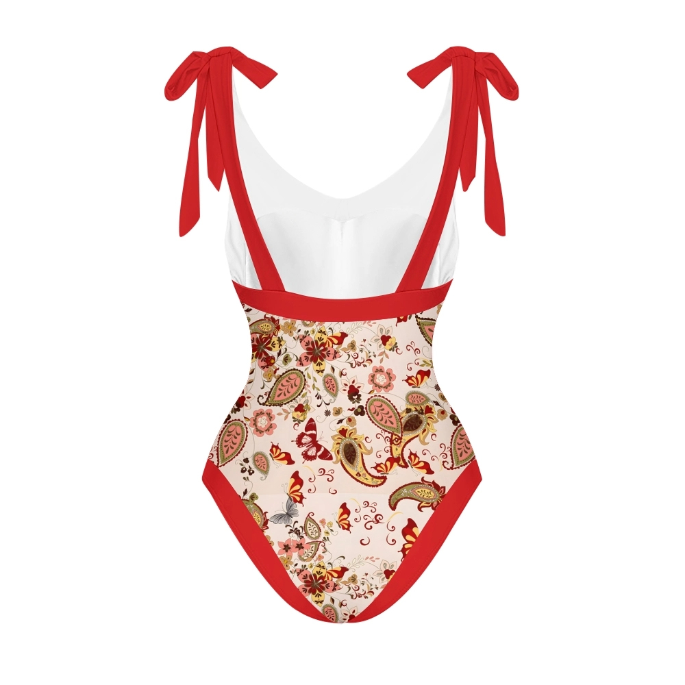 Women's Paisley Floral One Piece Deep V Neck Swimsuit with Skirt Set