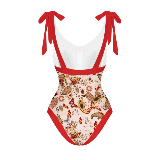Women's Paisley Floral One Piece Deep V Neck Swimsuit with Skirt Set