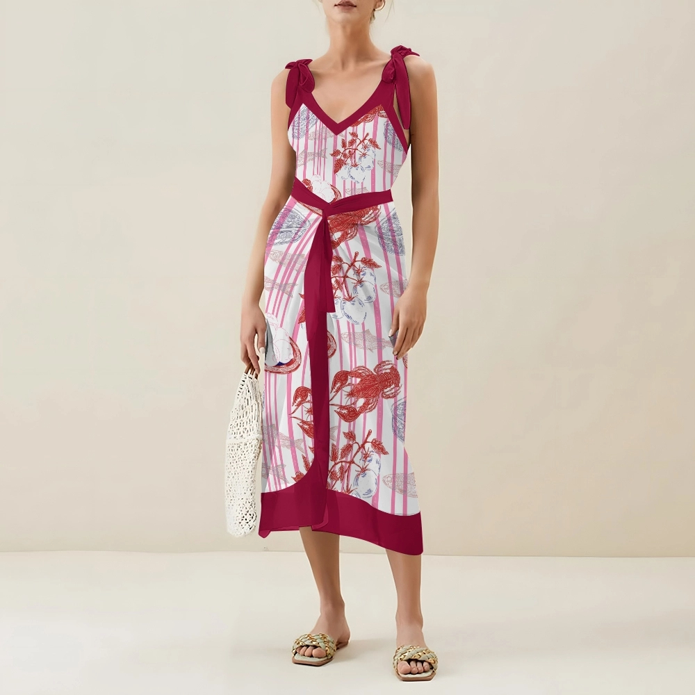 Striped One Piece Swimsuit and Coordinated Skirt with Seafood Illustration Set