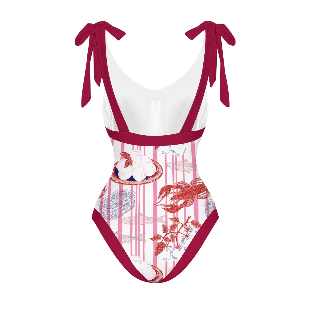 Striped One Piece Swimsuit and Coordinated Skirt with Seafood Illustration Set