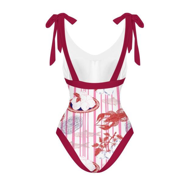 Striped One Piece Swimsuit and Coordinated Skirt with Seafood Illustration Set