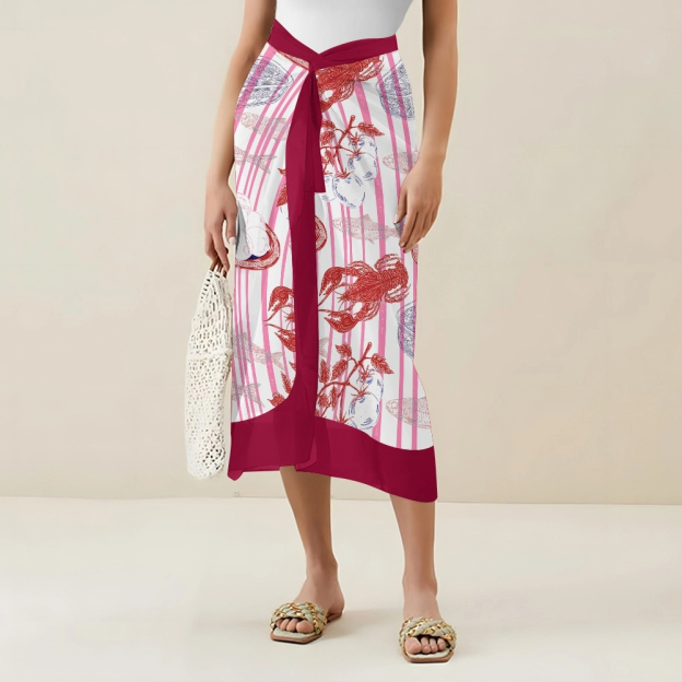 Striped One Piece Swimsuit and Coordinated Skirt with Seafood Illustration Set