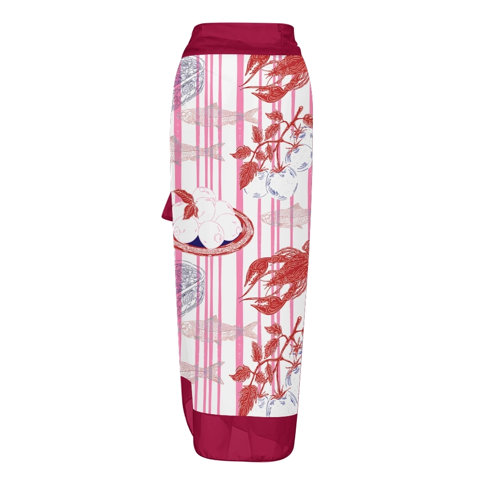 Striped One Piece Swimsuit and Coordinated Skirt with Seafood Illustration Set