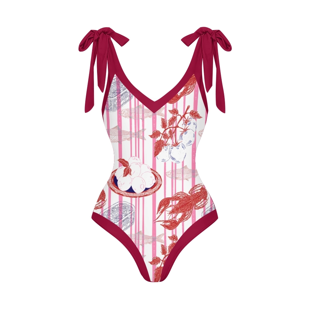 Striped One Piece Swimsuit and Coordinated Skirt with Seafood Illustration Set