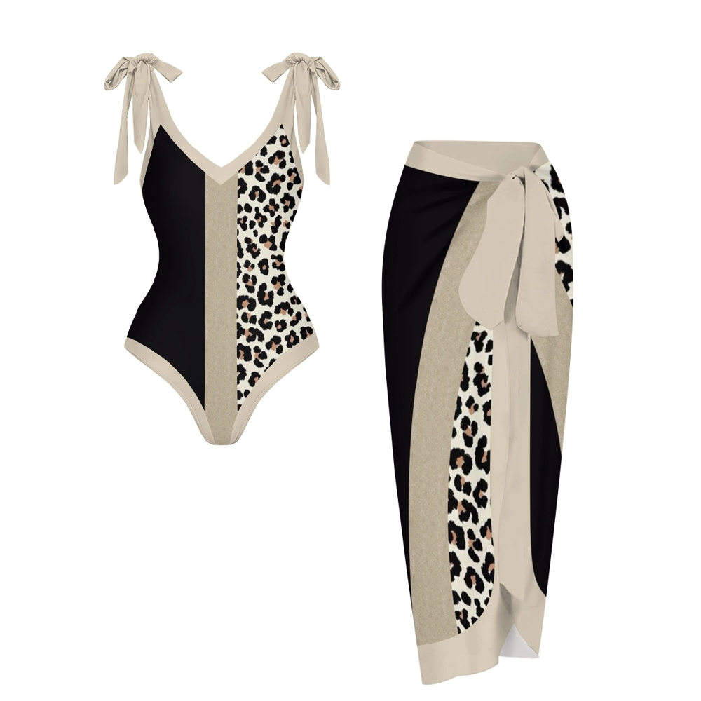 Leopard Patchwork One-Piece Swimsuit with Matching Sarong Skirt