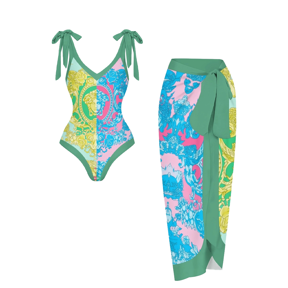 Baroque Print V-Neck One-Piece Swimsuit with Matching Wrap Skirt