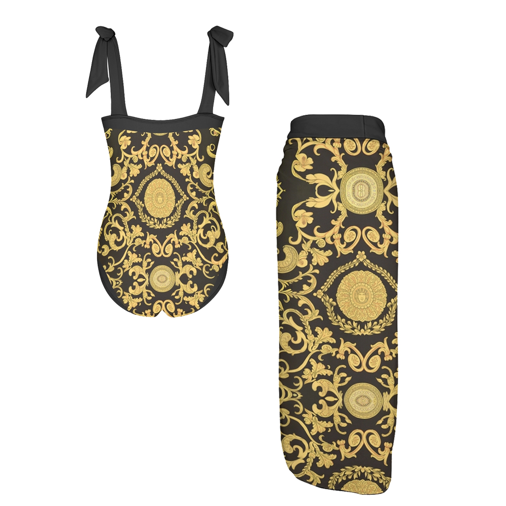 Gold & Black Baroque Print One-Piece Swimsuit with Matching Sarong Skirt