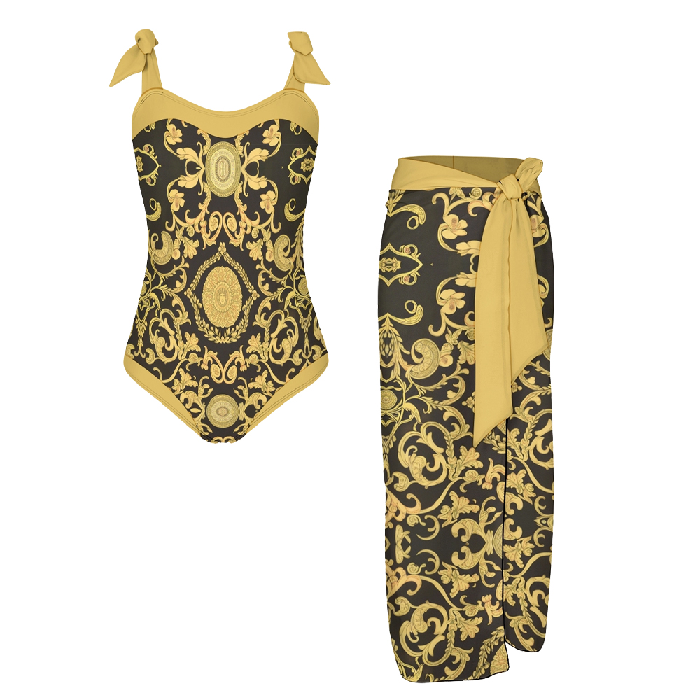 Gold & Black Baroque Print One-Piece Swimsuit with Matching Sarong Skirt