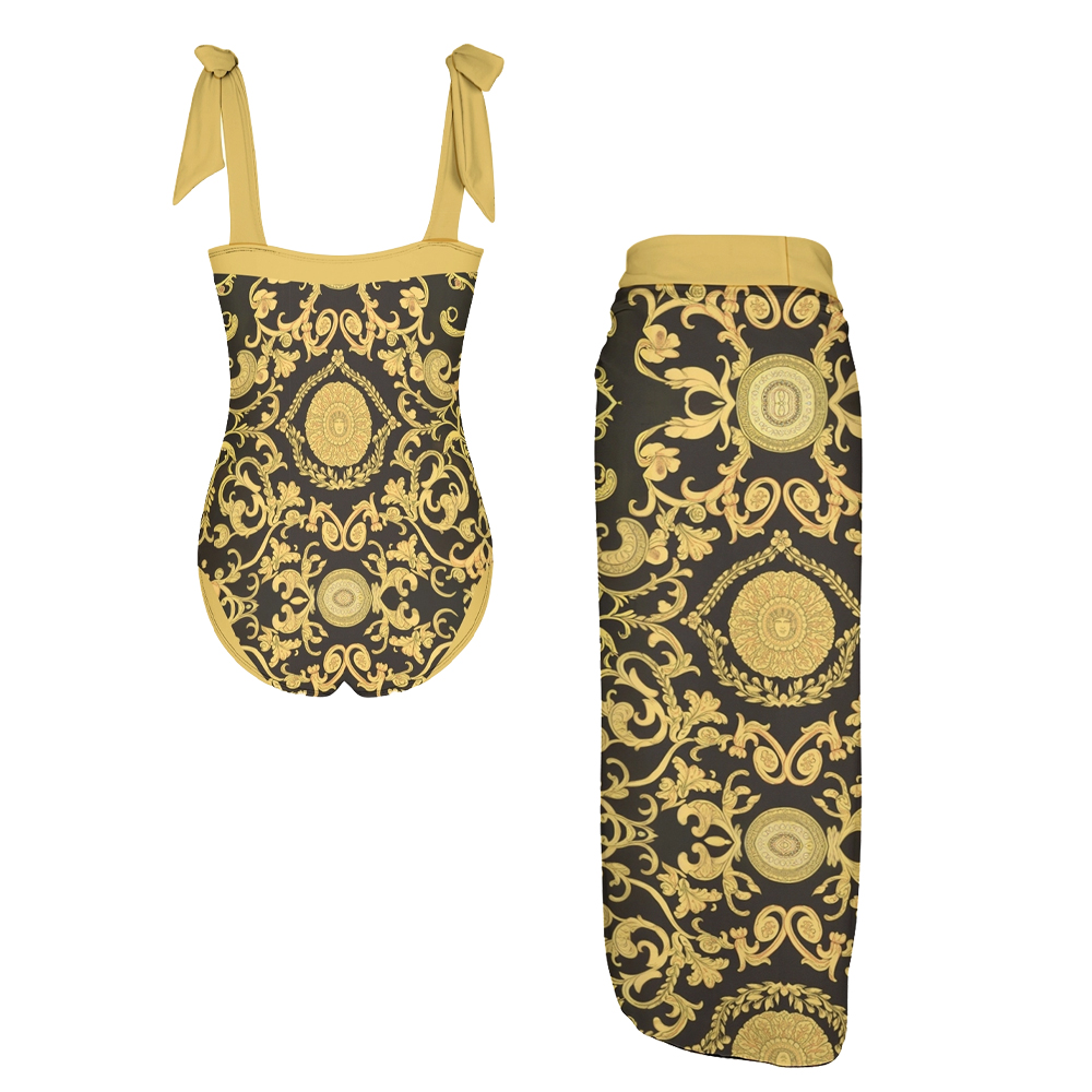 Gold & Black Baroque Print One-Piece Swimsuit with Matching Sarong Skirt
