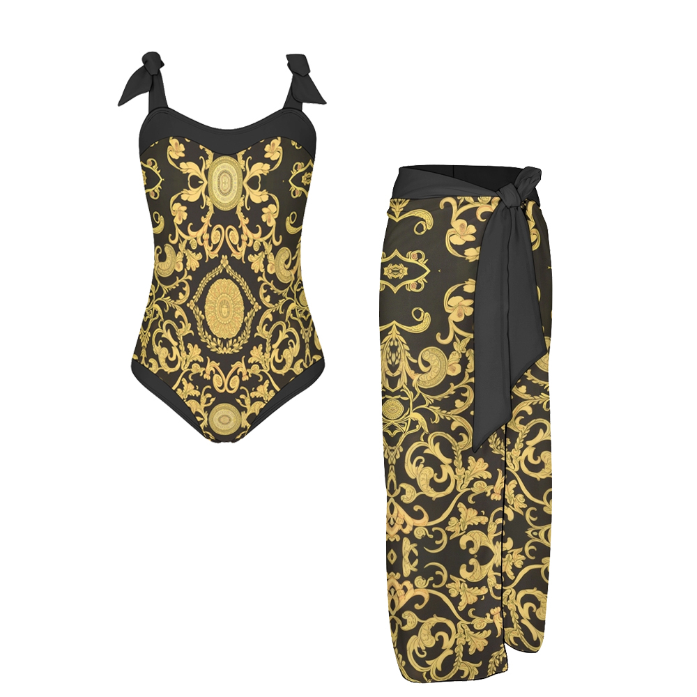 Gold & Black Baroque Print One-Piece Swimsuit with Matching Sarong Ski