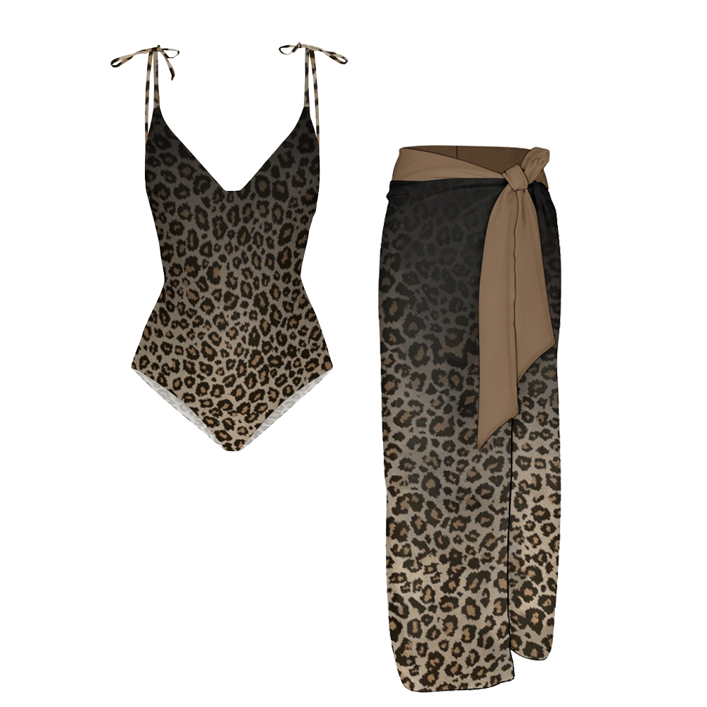 Women's Leopard Print Deep V-Neck One-Piece Swimsuit with Tie Shoulder Straps and Matching Skirt Set
