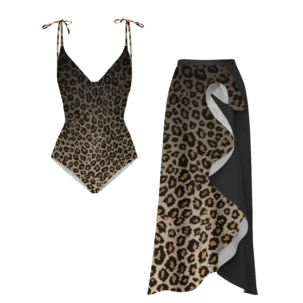 Women's Leopard Print Deep V-Neck One-Piece Swimsuit with Tie Shoulder Straps and Matching Skirt Set
