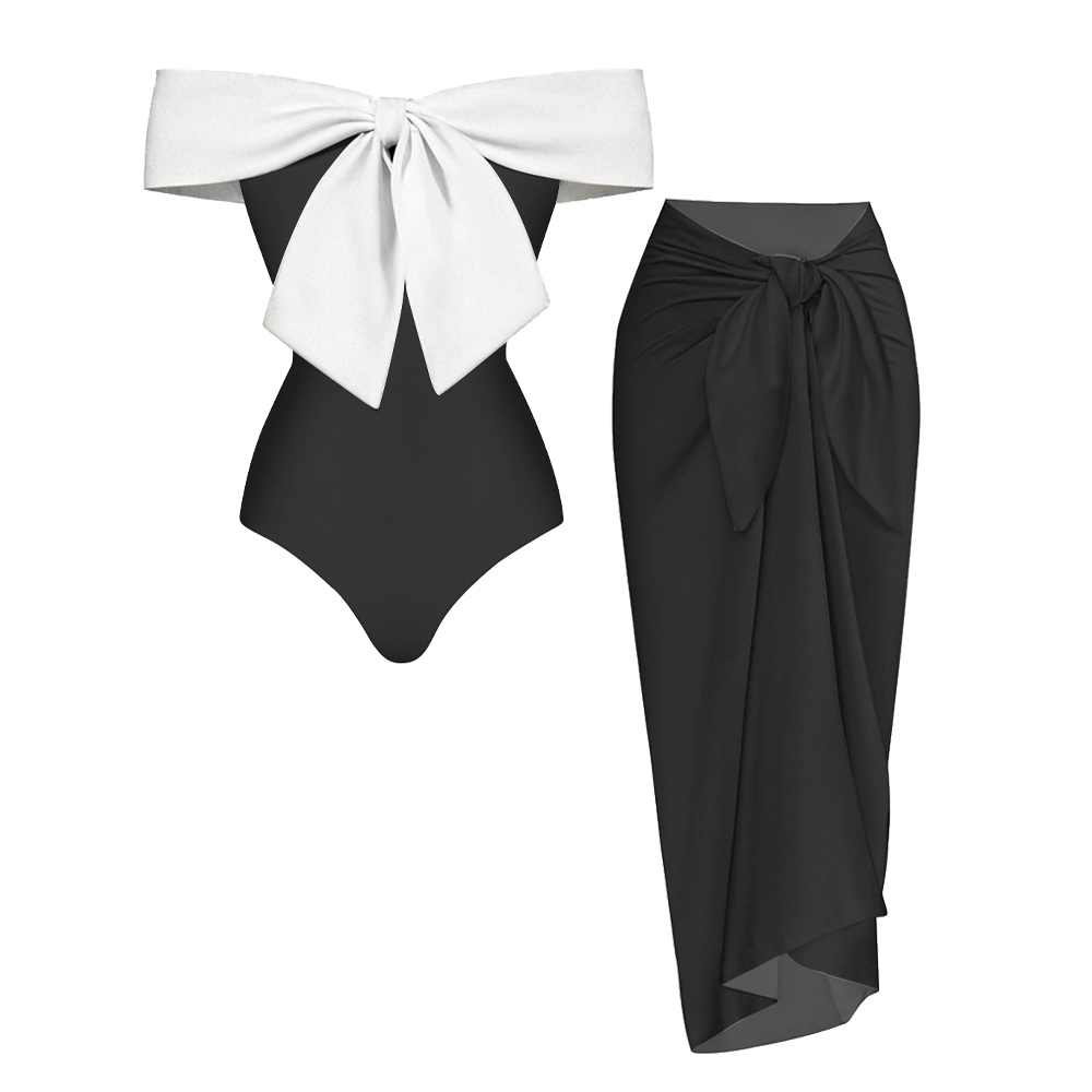 Black One Piece Swimsuit with White Bow and Matching Sarong Skirt