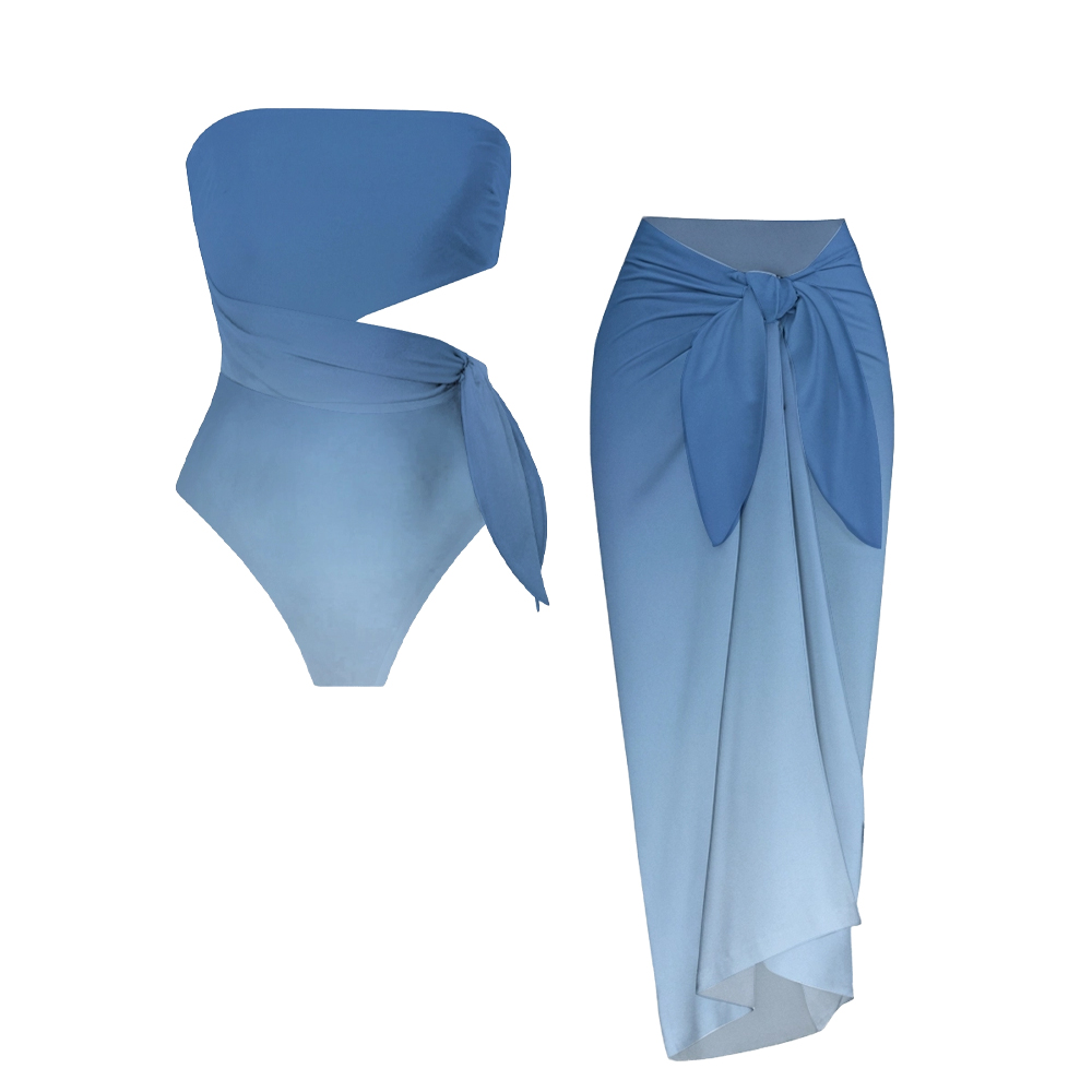 Elegant Blue Gradient Knot Detail One-Piece Swimsuit and Sarong Skirt