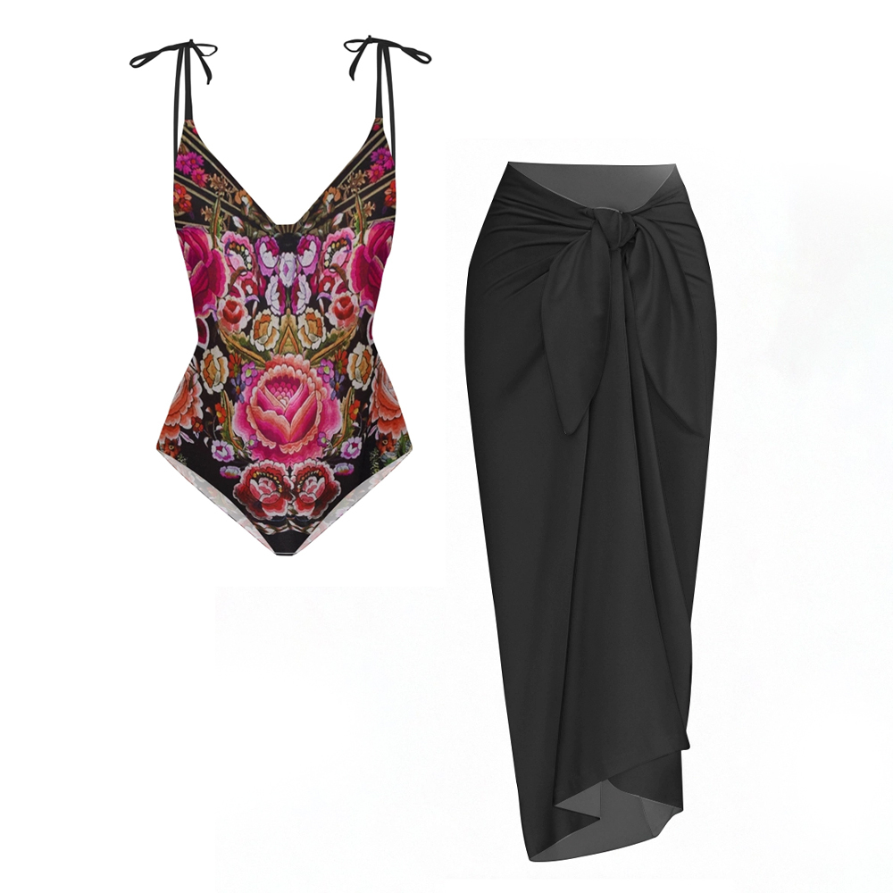 Vintage Floral One-Piece Swimsuit with Black Sarong Skirt