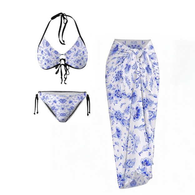 Blue Floral Print Halter Bikini Set with Matching Sarong Skirt