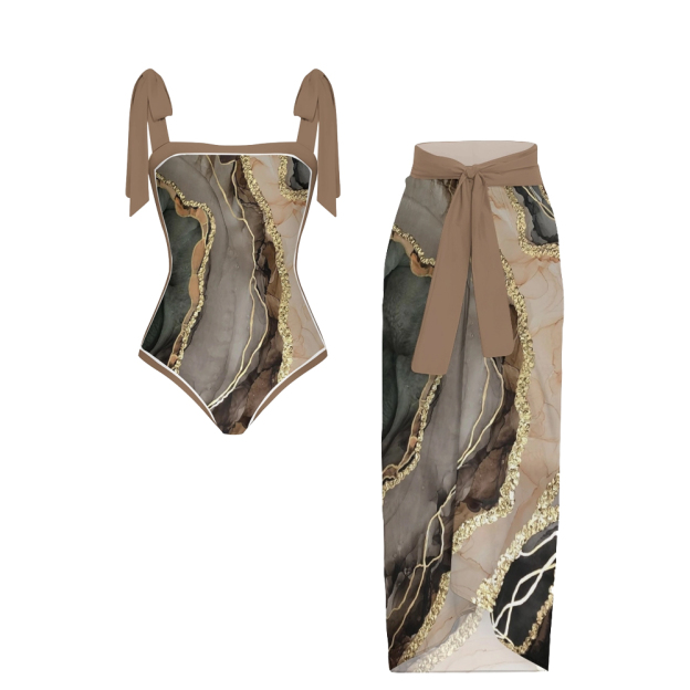 Marble Fluid Art Print One-Piece Swimsuit and Matching Wrap Skirt