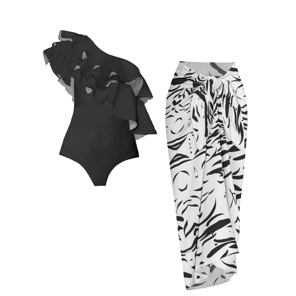Black One-Shoulder Ruffle One-Piece Swimsuit with Artistic Sarong Skir